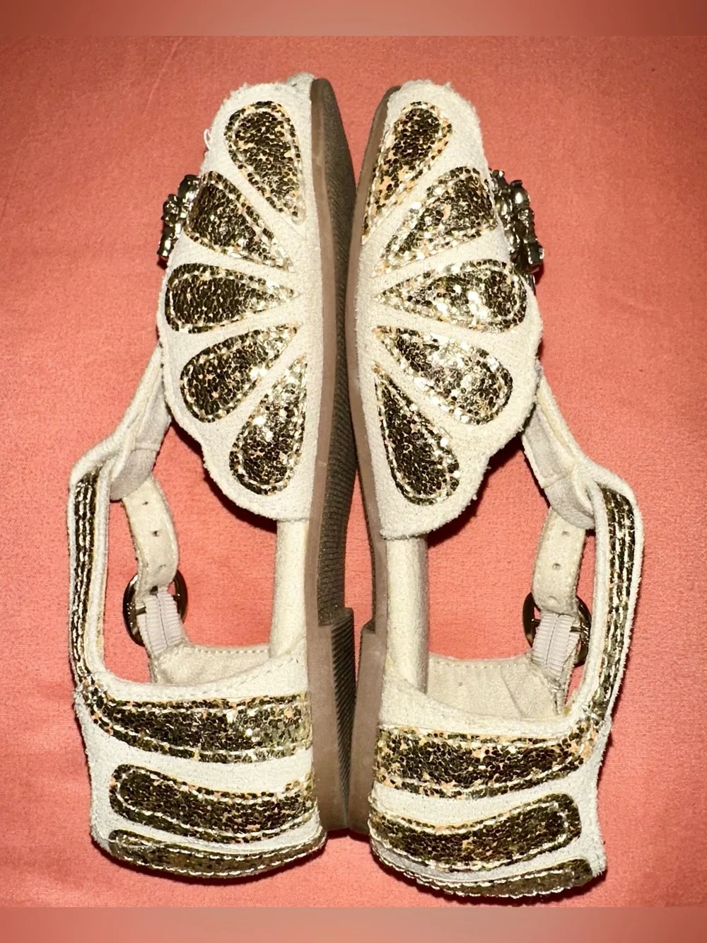 Joyfolie Gold Glitter Mari Flat Sandals Rhinestone Flower Girl Dress Shoe 9T